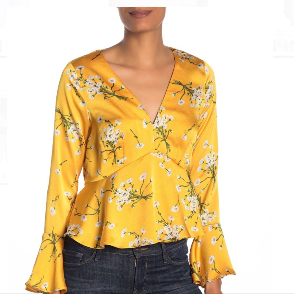 CODEXMODE floral bell sleeve peplum blouse yellow